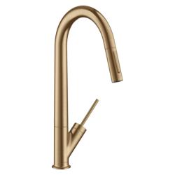 Смеситель для кухни/мойки Axor Starck 270, однорычажный, керамический, с поворотным/вытяжным изливом, длина 23,5 см, латунь, цвет шлифованная бронза, кухонный
