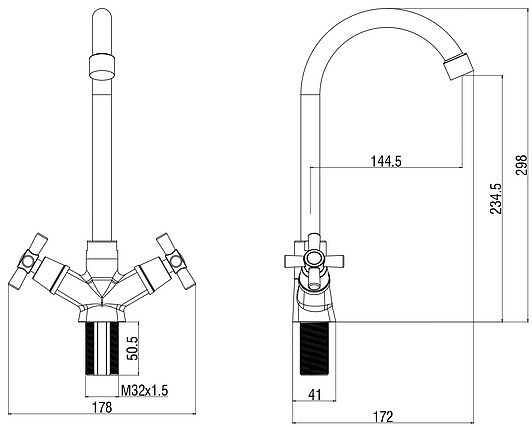 Смеситель для кухни/мойки Voda Dive двухвентильный, поворотный, длина излива 144,5 мм, высота 234,5 мм полимерный сплав, цвет хром DV519