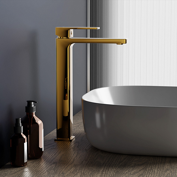 Смеситель для раковины/умывальника Damixa Gala, однорычажный, неповоротный, керамический, высокий, длина излива 150 мм, латунь, цвет золото