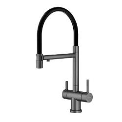 Смеситель для кухни/мойки Splenka S70.63.09 с подключением фильтра, однорычажный, поворотный/гибкий, керамический, излив 227 мм, высота излива 231 мм нержавеющая сталь/силикон, цвет графит/черный