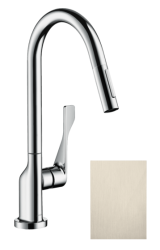 Смеситель для кухни/мойки Axor Citterio 250, однорычажный, керамический, с поворотным/вытяжным изливом, длина 22 см, латунь, цвет шлифованный никель, кухонный