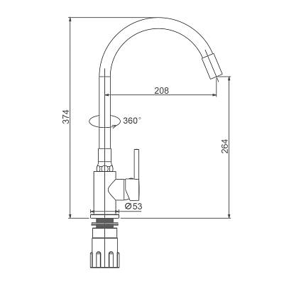 Смеситель для кухни/мойки Splenka S201.4406 однорычажный, поворотный/гибкий излив, керамический, высота 264 мм, длина 208 мм, нержавеющая сталь/силикон, цвет хром/черный