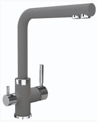 Смеситель для кухни/мойки Flortek Арес FK, с подключением фильтра питьевой воды/биканальный, однорычажный, керамический картридж, с поворотным изливом, высокий, длина излива 224 мм, латунь, цвет серый шелк