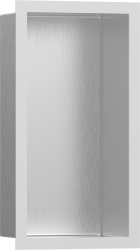 Полка Hansgrohe XtraStoris Individual 300/150/100, с дизайнерской рамой, размер 30х15х10 см, встраиваемая в нишу, форма прямоугольная, цвет шлифованная сталь/матовый белый, нержавеющая сталь, встроенная/настенная, шкаф/короб