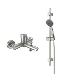 Смеситель для ванны/душа Dorff Logic однорычажный, керамический, настенный, излив неповоротный 124 мм, штанга/душевой шланг/лейка, нержавеющая сталь