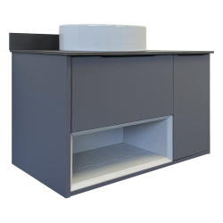 Тумба с раковиной Comforty Джанкой 90 90х67,2х50 см цвет антрацит с черной столешницей, подвесная, 1 распашная дверца/1 выдвижной ящик/открытая полка, ЛДСП/МДФ, прямоугольная/раковина Comforty 9111, круглая, белая, накладная