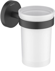 Стакан с держателем Aquatek Европа настенный, латунь/стекло/нержавеющая сталь, округлый, для душа/ванны/зубных щеток, в ванную комнату, цвет матовый черный