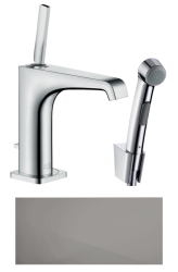 Смеситель для раковины Axor Citterio E 130 с гигиеническим душем/лейкой, однорычажный, фиксированный излив, длина 14,3 см, керамический, латунь, цвет полированный черный хром, шланг 160 см, для биде, сливной клапан Push-Open