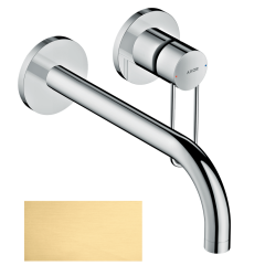 Смеситель для раковины Axor Uno, однорычажный, с рукояткой-петлей, настенный/встраиваемый, скрытого монтажа, фиксированный излив, длина излива 22,5 см, керамический, латунь, цвет шлифованное золото, отдельные розетки, незапираемый сливной набор