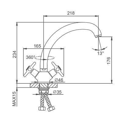 Смеситель для кухни/мойки Splenka S80.42 двухвентельный, поворотный, высокий излив, длина излива 218 мм, латунь, цвет хром