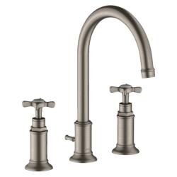 Смеситель для раковины Axor Montreux 180, на 3 отверстия, двухвентильный, с крестообразными рукоятками, поворотный излив, длина излива 17,5 см, керамический, латунь, цвет под сталь, со сливным гарнитуром