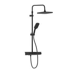 Душевая система Damixa Gala, высота 1050-1450 мм, цвет черный матовый, комплект: термостатический смеситель-полка/излив/тропический душ прямоугольный (с верхней лейкой)/стойка/лейка/шланг, нержавеющая сталь/ABS-пластик/ПВХ
