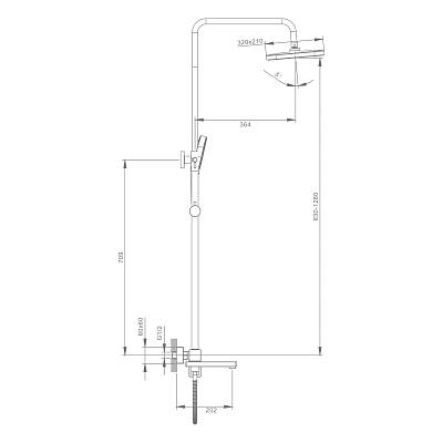 Душевая система Raglo R30.24.06 со смесителем, высота 630-1280 мм цвет черный, комплект: однорычажный смеситель/излив/тропический душ прямоугольный (с верхней лейкой)/лейка/стойка/шланг, нержавеющая сталь/латунь