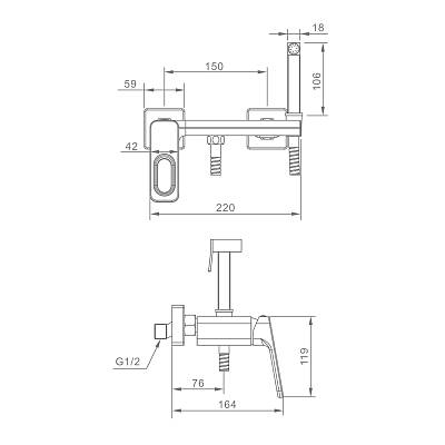 Смеситель с гигиеническим душем Raglo R51.51, настенный, однорычажный, керамический, без излива, с гибким шлангом/лейкой, латунь, цвет хром