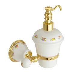 Дозатор жидкого мыла Migliore Provance, настенный, керамика/стекло, форма округлая, для мыла в ванную/туалет/душевую кабину, цвет золото/белый с декором