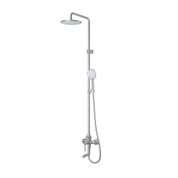 Душевая система IDDIS Aiger высота 1130-1450 мм, настенная, цвет хром матовый, смеситель однозахватный/короткий излив/тропический душ круглый (с верхней лейкой)/штанга/лейка/шланг, латунь, наружного монтажа