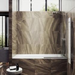 Душевая шторка на ванну MaybahGlass, 140х34 см, сатиновое стекло/профиль узкий, цвет хром матовый, фиксированная, плоская/панель, правая/левая, правосторонняя/левосторонняя, универсальная