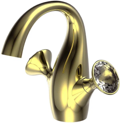 Смеситель для раковины/умывальника Bravat Swan, двухвентильный, неповоротный, керамический, длина излива 132 мм, латунь, цвет золото