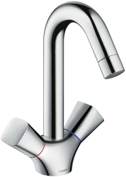 Смеситель для раковины Hansgrohe Logis, двухвентильный, поворотный излив, длина 14,5 см, керамический, латунь, цвет хром, без донного клапана  71221000
