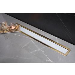 Душевой лоток PestanConfluo Premium Line White Glass 300 Gold, решетка: белое закаленное стекло/золото, для душа в полу, с комбинированным затвором, горизонтальный выпуск, нержавеющая сталь, прямоугольный