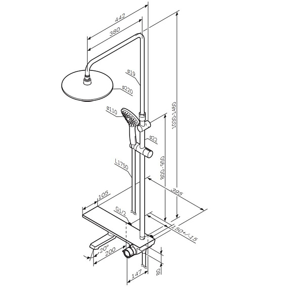 Душевая система AM.PM Gem высота 1030-1460 мм цвет черный матовый, комплект: однорычажный смеситель с изливом/тропический душ (с верхней лейкой)/стойка/лейка/шланг, наружного монтажа