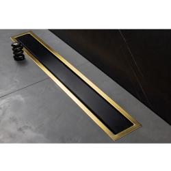 Душевой лоток PestanConfluo Premium Line Black Glass 850 Gold, решетка: черное закаленное стекло/золото, для душа в полу, с комбинированным затвором, горизонтальный выпуск, нержавеющая сталь, прямоугольный