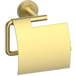 Держатель для туалетной бумаги Lemark Beluga с крышкой, цвет брашированное светлое золото, настенный, нержавеющая сталь, форма округлая, для туалета/ванной, бумагодержатель LMA-8023S2-BRLG