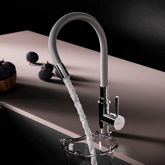 Смеситель для кухни/мойки Am.Pm X-Joy S однорычажный, поворотный/гибкий излив, высокий, керамический картридж, длина 260 мм, нержавеющая сталь/силикон, цвет хром, серый излив