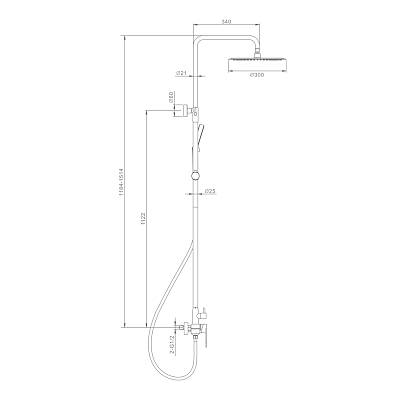 Душевая система Raglo R10.24.09 со смесителем, высота 1184-1514 мм цвет графит, комплект: однорычажный смеситель/излив/тропический душ круглый (с верхней лейкой)/лейка/стойка/шланг, нержавеющая сталь