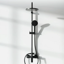 Душевая система Damixa Jupiter, высота 1050-1450 мм, цвет черный матовый, комплект: смеситель/тропический душ круглый (с верхней лейкой)/стойка/лейка/шланг