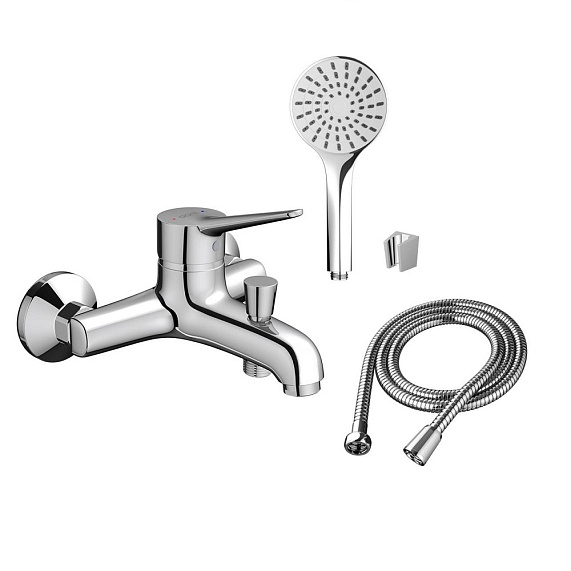 Смеситель для ванны/душа Dorff Optima однорычажный, керамический, настенный, излив короткий литой 128 мм, с гибким шлангом/лейкой, латунь, цвет хром 