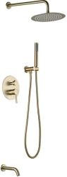 Душевая система Esko Set_7in1 Gold встраиваемая, скрытого монтажа, цвет золото, комплект: однорычажный смеситель/излив/тропический душ (с верхней лейкой)/лейка/держатель лейки/шланг, скрытый монтаж