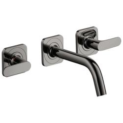 Смеситель для раковины Axor Citterio M, на 3 отверстия, двухвентильный, с рычаговыми рукоятками, скрытого монтажа, настенный, фиксированный излив, длина 16,6 см, керамический, латунь, цвет полированный черный хром, незапираемый сливной набор