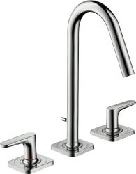 Смеситель для раковины/умывальника Axor Citterio M 160, на 3 отверстия, двухвентильный, с рычаговыми рукоятками, фиксированный излив, длина излива 13,5 см, керамический, латунь, цвет хром, с отдельными розетками, со сливным гарнитуром