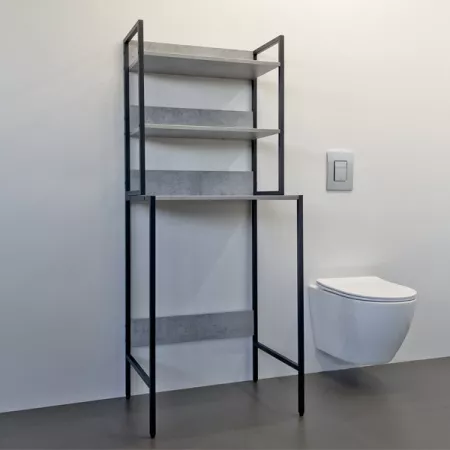 Стеллаж Comforty для установки над стиральной машиной, цвет бетон светлый/черный матовый, напольный, открытые полки, в ванную комнату, сталь/ЛДСП