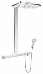 Душевая система Hansgrohe Rainmaker Select Showerpipe 460 3jet, высота 109 см, цвет хром/белый, комплект: верхний душ/ручной душ/термостат для душа/штанга для душа/держатель для душа, наружного монтажа, настенная