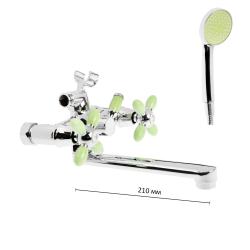 Смеситель для ванны/душа Accoona, настенный, двухвентильный, поворотный, керамический, длина излива 210 мм, цинк, цвет хром/зеленый