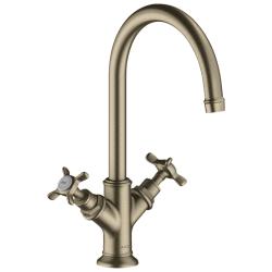 Смеситель для раковины Axor Montreux 210, двухвентильный, с крестообразными рукоятками, поворотный излив, длина излива 17,5 см, керамический, латунь, цвет: шлифованный никель, с незапираемым сливным набором