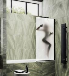 Душевая шторка на ванну MaybahGlass, 140х60 см, стекло с рисунком (ФП016)/профиль узкий, цвет черный, фиксированная, закаленное стекло 8 мм, плоская/панель, правая/левая, правосторонняя/левосторонняя, универсальная