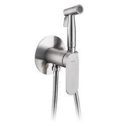 Смеситель с гигиеническим душем Raglo R10.52.05 встраиваемый, однорычажный, керамический, без излива, с гибким шлангом/лейкой, нержавеющая сталь, цвет сатин