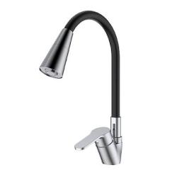 Смеситель для кухни/мойки Splenka S07.43 однорычажный, поворотный/гибкий излив, 2 режима поток воды и душ, керамический, высота 208 мм, длина 193 мм, латунь/силикон, цвет хром/черный