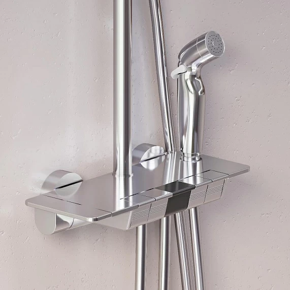 Душевая система Damixa Gala, высота 1050-1450 мм, цвет хром, комплект: термостатический смеситель/гигиенический душ/тропический душ прямоугольный (с верхней лейкой)/стойка/лейка/шланг, пластик/латунь