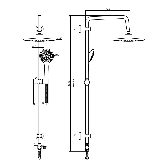 Душевая система Dorff Norma, высота 1040 мм, цвет хром, комплект: смеситель/тропический душ круглый (с верхней лейкой)/стойка/лейка/шланг, латунь/пластик