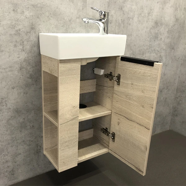 Тумба с раковиной Comforty Матэ 40, 40х70х22 см, подвесная, 1 распашная дверца, ЛДСП, прямоугольная, цвет- дуб дымчатый/раковина CREA 40, прямоугольная, цвет белый, встраиваемая