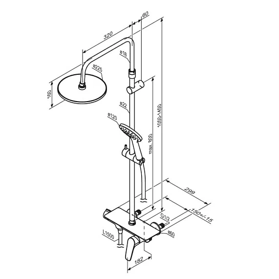 Душевая система Damixa Jupiter, высота 1050-1450 мм, цвет хром, комплект: смеситель-полка/тропический душ круглый (с верхней лейкой)/стойка/лейка/шланг, латунь/пластик