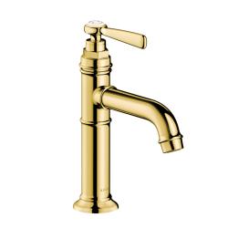 Смеситель для раковины Axor Montreux 100, однорычажный, с рычаговой рукояткой, фиксированный излив, длина излива 14,2 см, керамический, латунь, цвет полированное золото, с незапираемым сливным набором
