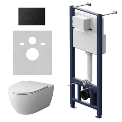 Комплект унитаза с инсталляцией AM.PM Awe, c сиденьем микролифт, с клавишей смыва (кнопкой, клавишей двойного смыва) черная матовая, система для подвесного унитаза, со скрытым смывным бачком (бак), с подвесным унитазом