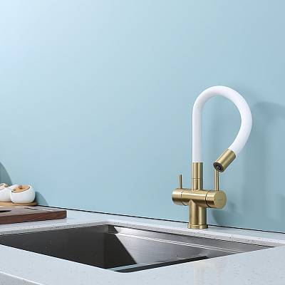 Смеситель для кухни/мойки Splenka S70.64.03 с подключением фильтра, однорычажный, поворотный/гибкий, керамический, излив 216 мм, высота излива 308 мм нержавеющая сталь/силикон, цвет золотой сатин/белый