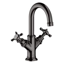 Смеситель для раковины Axor Montreux 160, двухвентильный, с крестообразными рукоятками, поворотный излив, длина излива 11,7 см, керамический, латунь, цвет полированный черный хром, со сливным гарнитуром