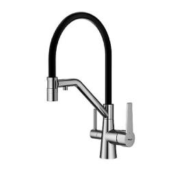 Смеситель для кухни/мойки Raglo R80.62.05 однорычажный, поворотный, керамический картридж, с подключением фильтра, гибкий излив, длина излива 225 мм, латунь/силикон, цвет сатин/черный